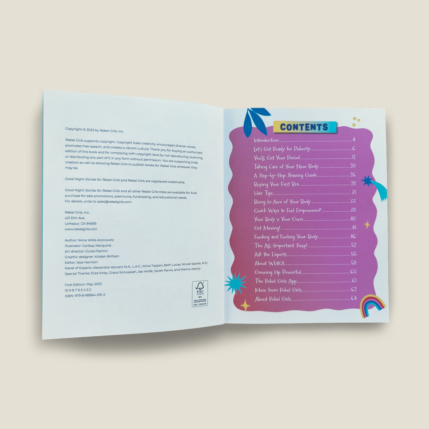 Table of contents of "Growing Up Powerful", listing topics such as puberty, periods, body awareness, shaving, nutrition, and empowerment tips.