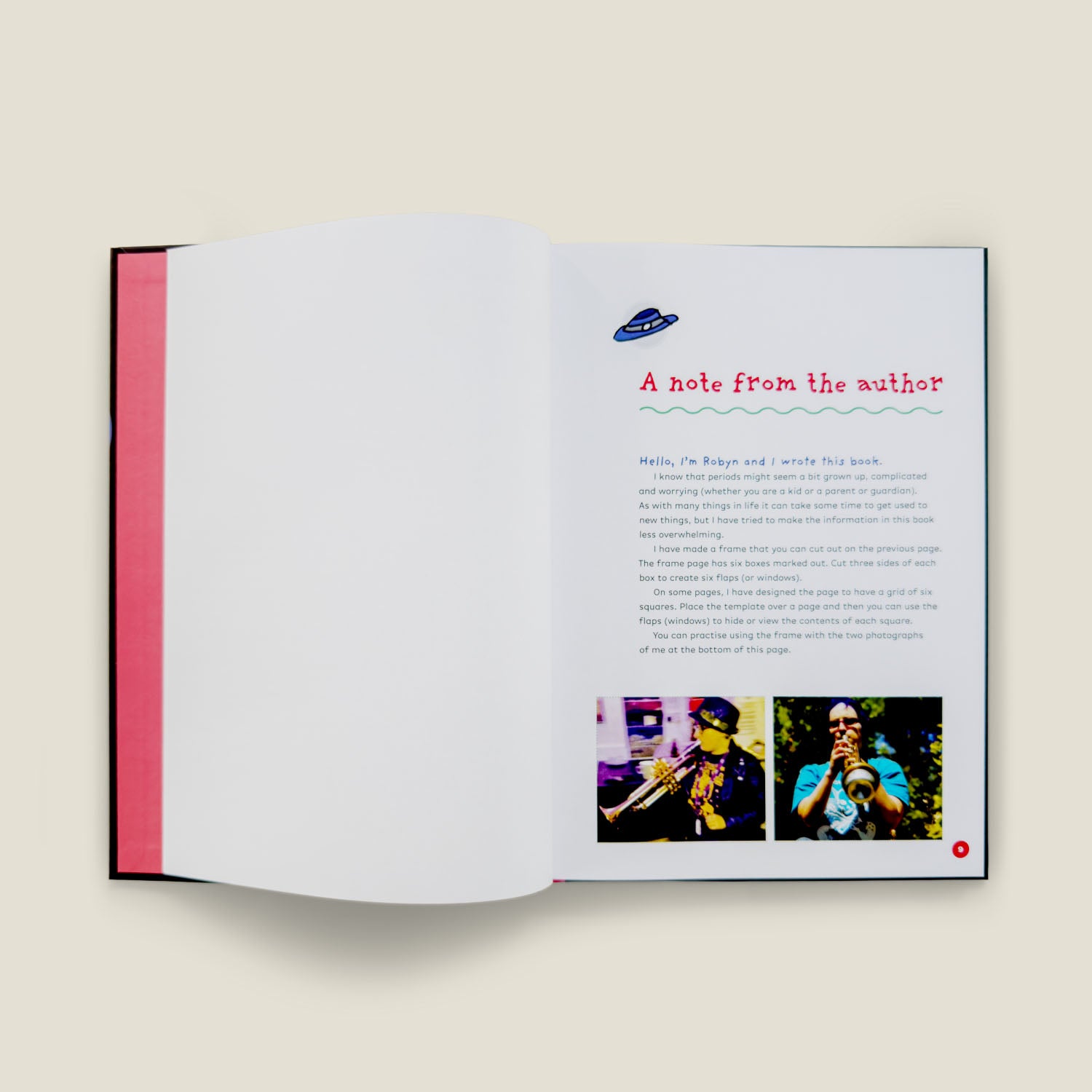 Inside spread from "The Autism-Friendly Guide to Periods" showing a personal note from the author Robyn Steward with colourful photos and easy-to-read text.