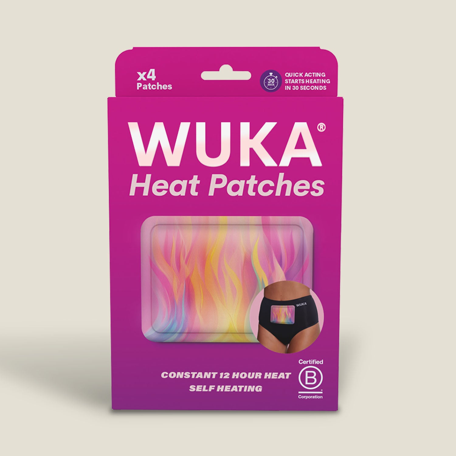Front view of WUKA Heat Patches box, featuring bold pink packaging and a visual of the patch in use.