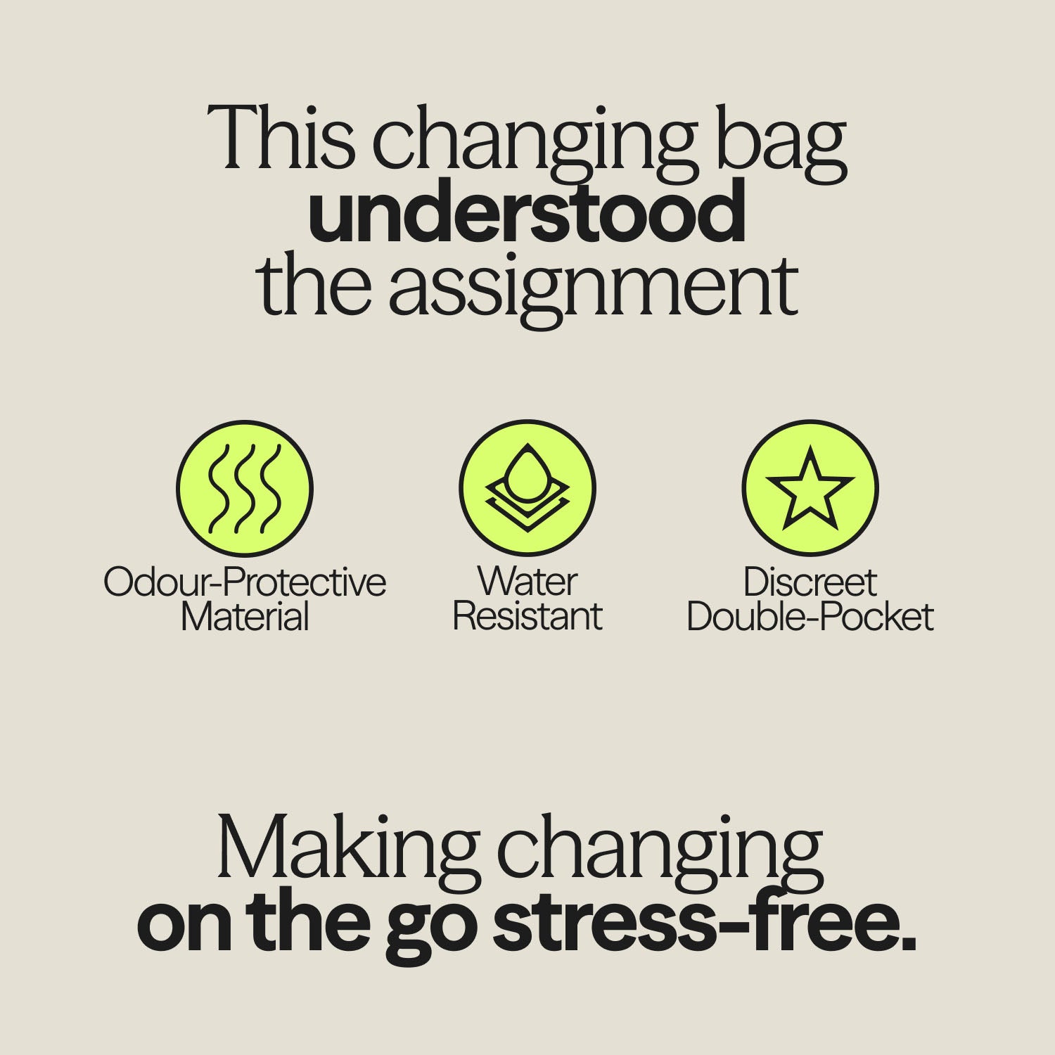 WUKA changing bag features graphic showing odour-protective material, water resistance, and discreet double pockets for hygienic storage