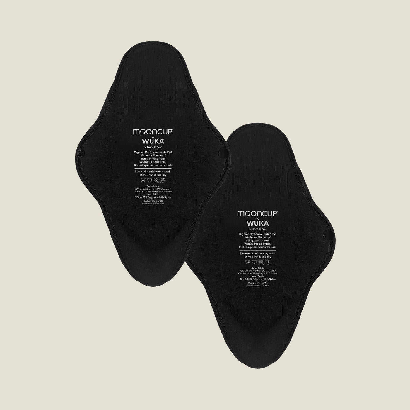 WUKA x Mooncup reusable period pads for heavy flow, made with GOTS-certified organic cotton and secure snap fastenings – pack of two