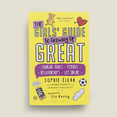 Bright yellow cover of The Girls' Guide to Growing Up Great by Sophie Elkan, a puberty book for girls covering periods, changing bodies, relationships, and online safety.