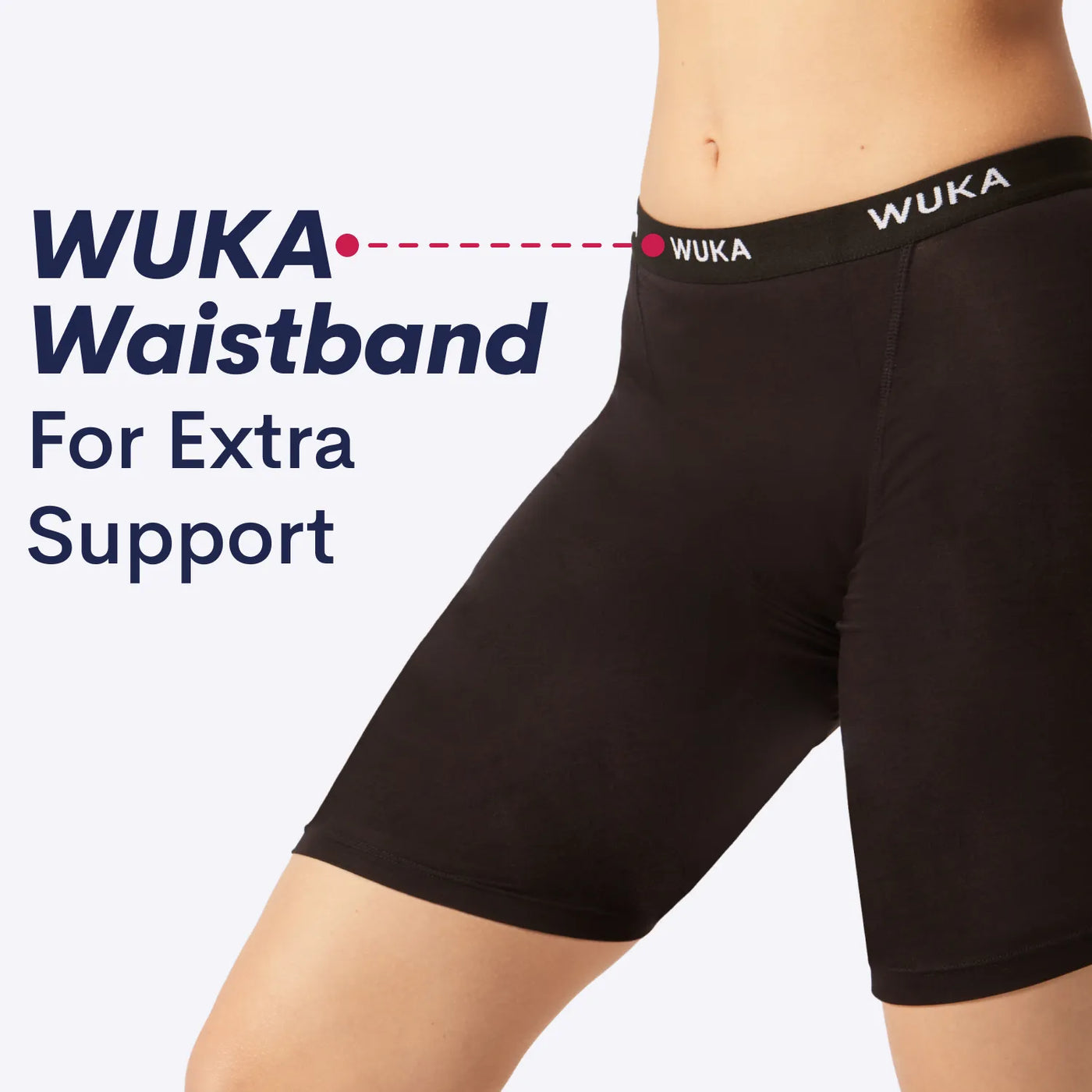 boxer short heavy flow wuka waistband for extra support infographic