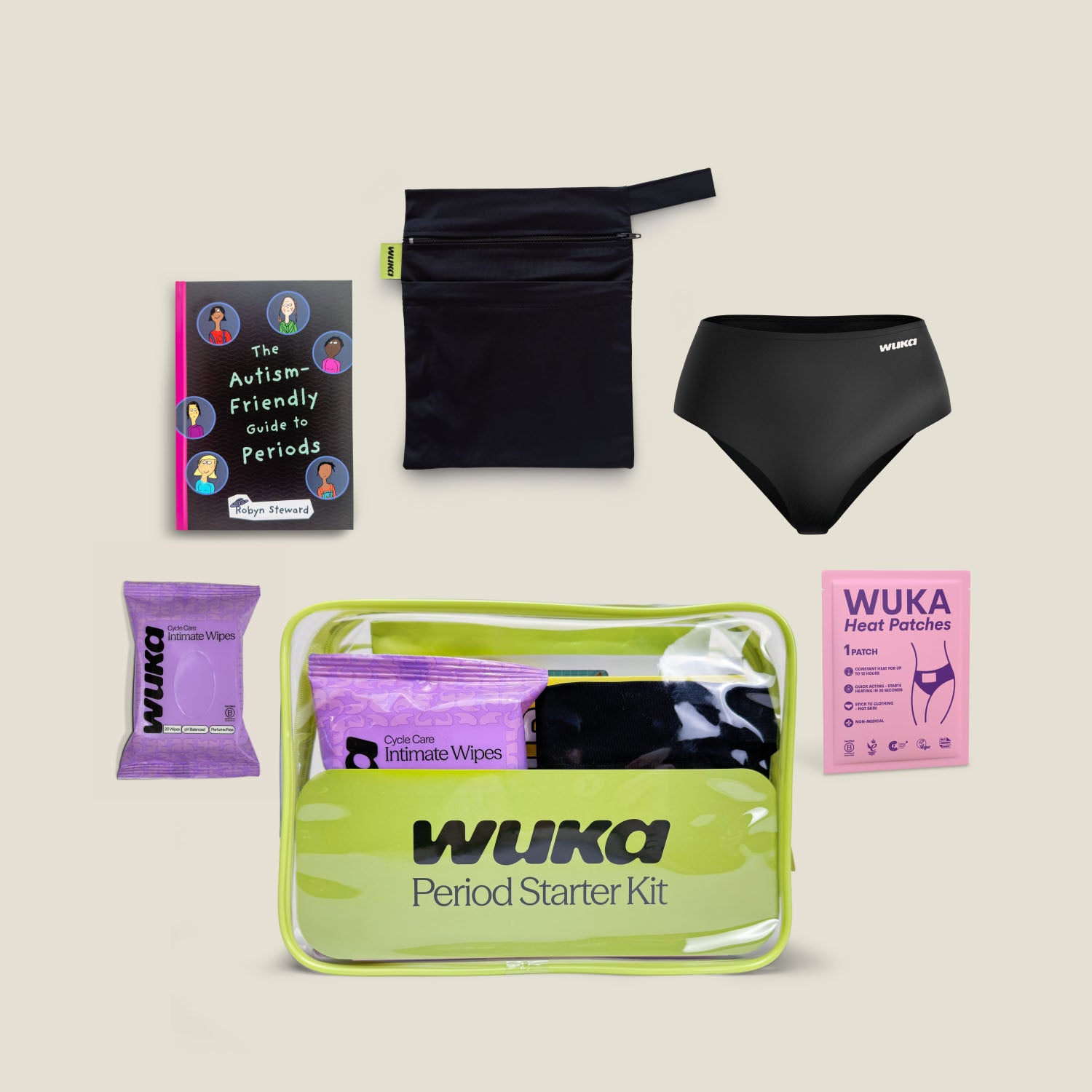 What’s inside the WUKA Period Starter Kit Autism-Friendly Guide to Periods edition, including period pants, wet bag, intimate wipes, heat patch and educational guide