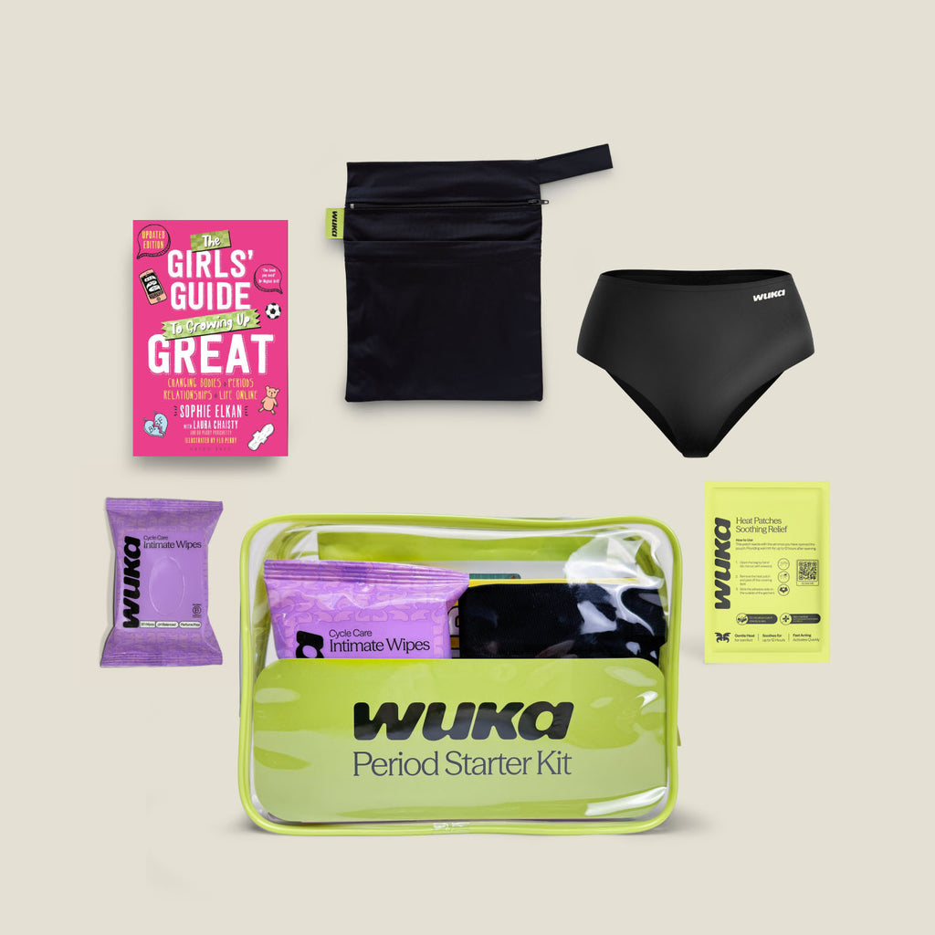 WUKA First Period Starter Kit for teens featuring the pink edition of "The Girls' Guide to Growing Up Great" book, one pair of black leak-proof period underwear, a waterproof wet bag, intimate wipes, and a soothing heat patch