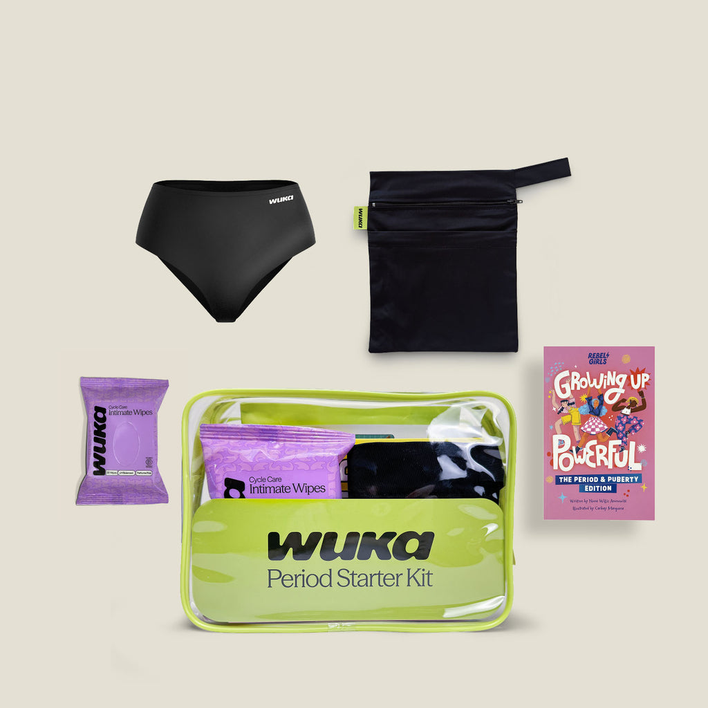 Teen period starter kit with period underwear, waterproof wet bag, heat patches, wipes and puberty guide book