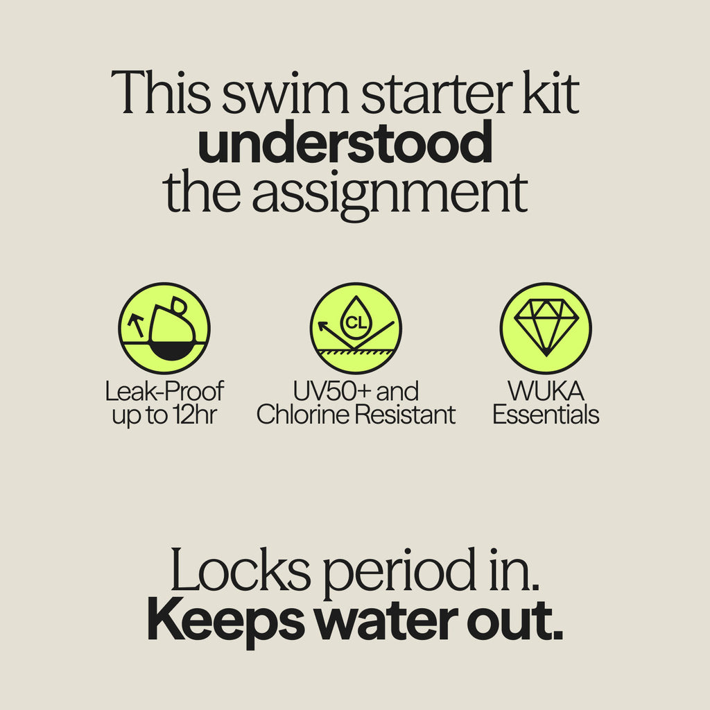 Teen navy racerback period swimwear starter kit leak-proof up to 12 hours UV50 chlorine resistant WUKA essentials
