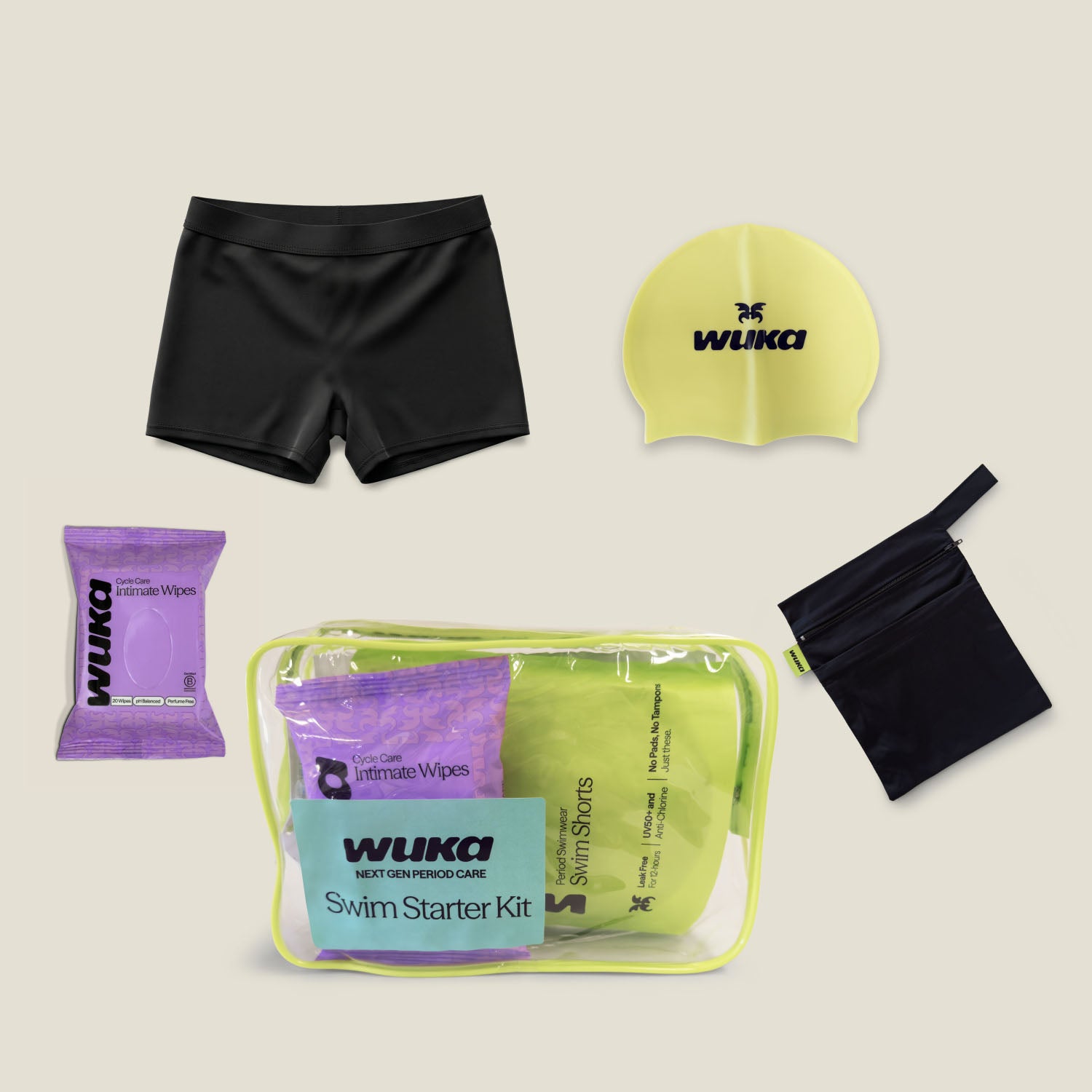 WUKA period swim shorts starter kit contents including leak-proof swim shorts, swim cap, changing bag and intimate wipes