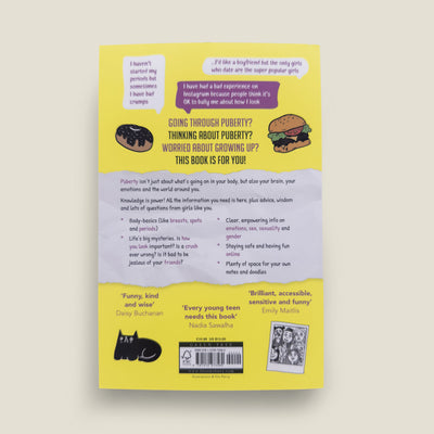 Back cover of The Girls' Guide to Growing Up Great featuring endorsements and topics such as puberty, body changes, periods, self-esteem, and staying safe online.