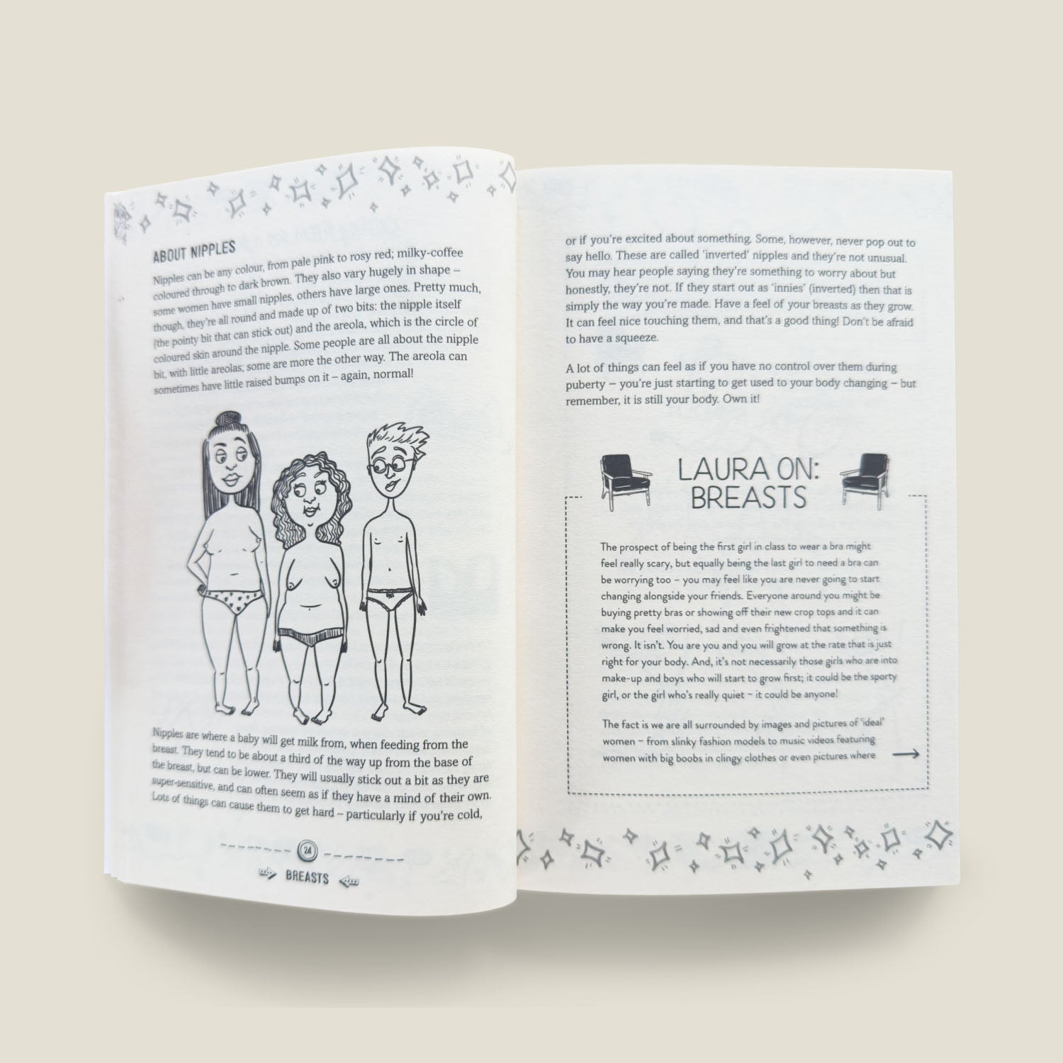 Interior pages of "The Girls' Guide to Growing Up Great" showing illustrations of diverse body types and educational text titled "About Nipples" and "Laura On: Breasts" to promote body positivity for girls during puberty