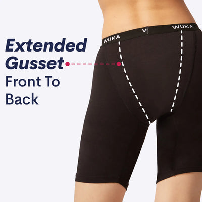 boxer short heavy flow extended gusset - front to back infographic