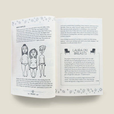 Open spread of The Girls' Guide to Growing Up Great discussing breast development and body confidence during puberty, with inclusive illustrations.