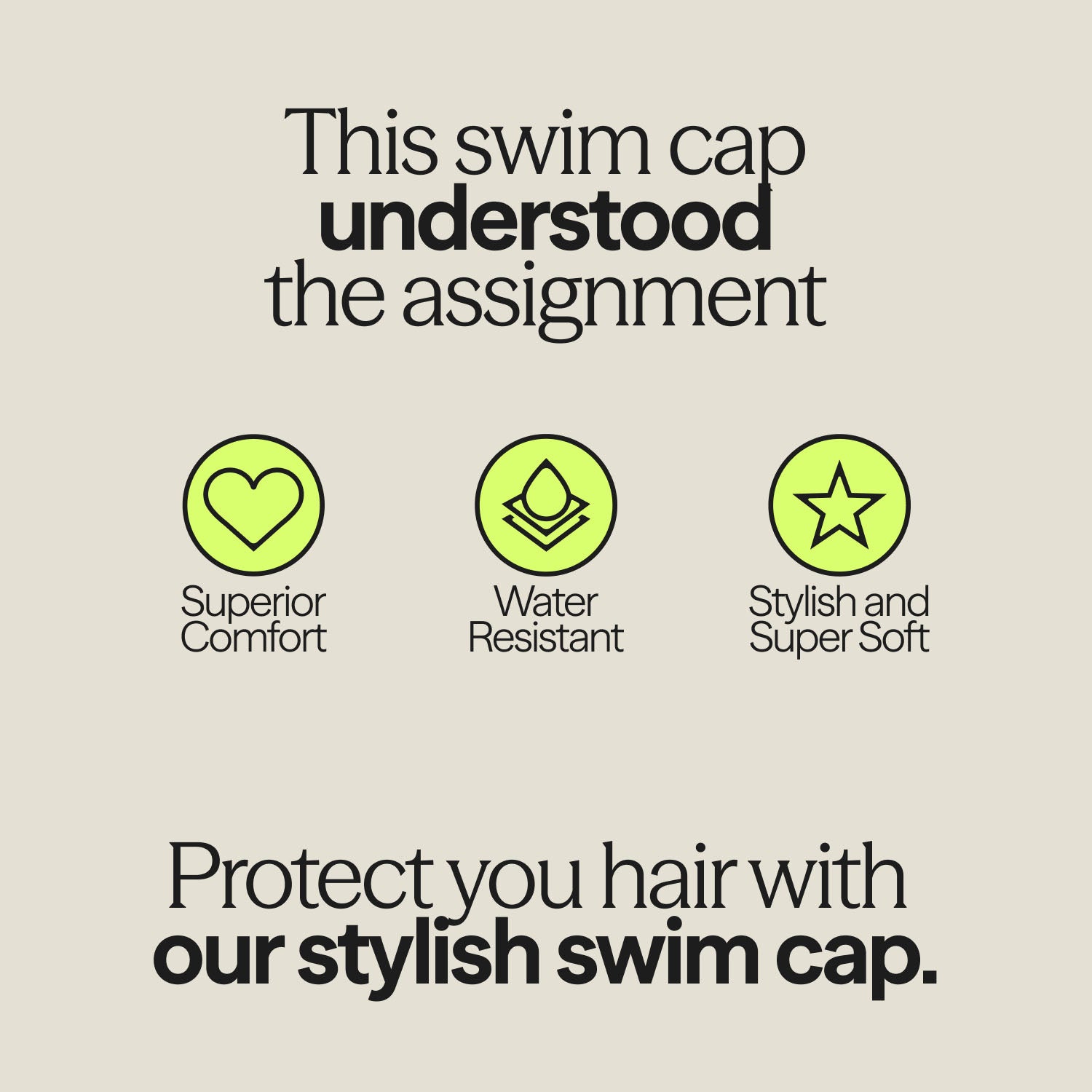 WUKA swim cap benefits graphic – superior comfort, water resistance, and super soft design.