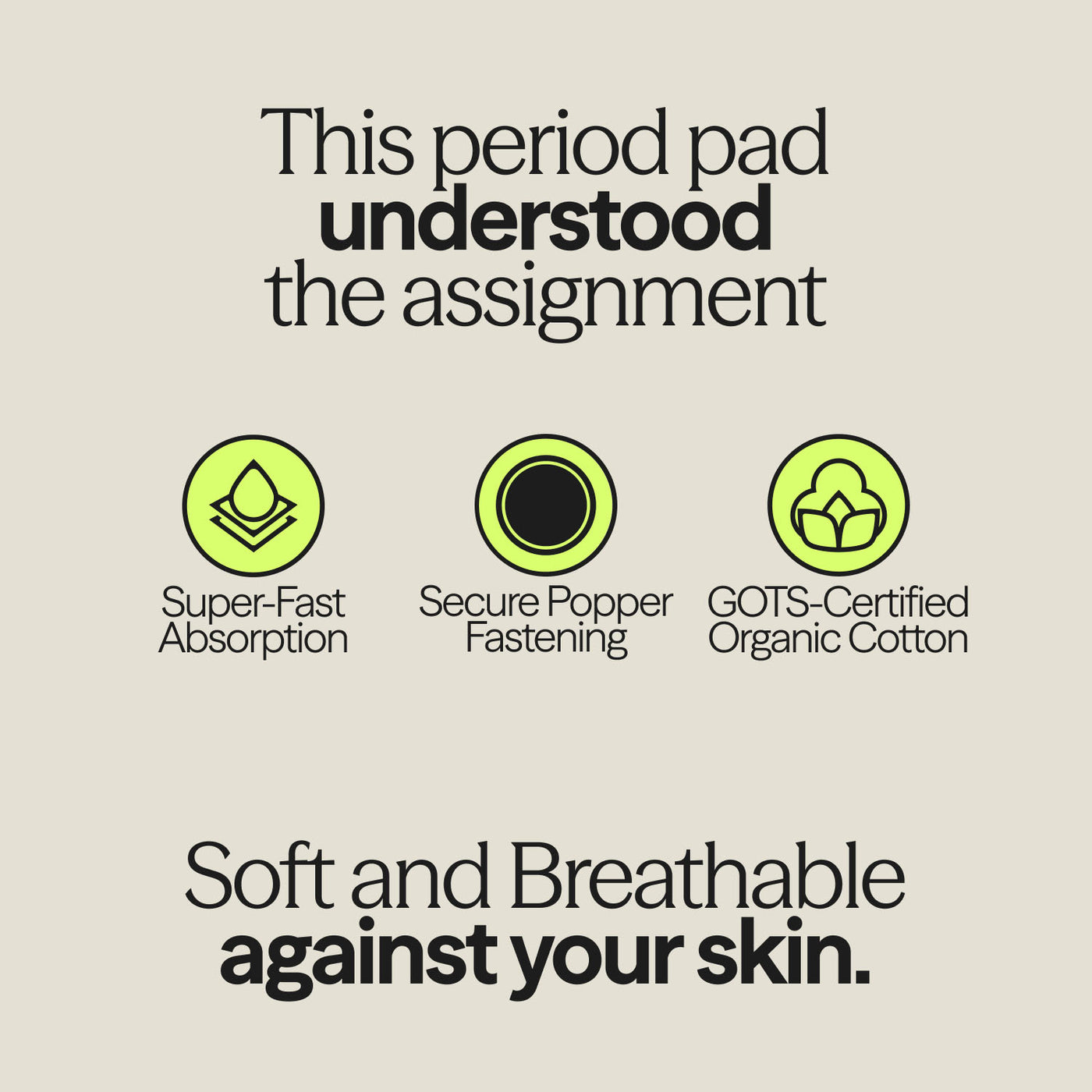 Reusable period pad infographic of the WUKA x Mooncup highlighting super-fast absorption, secure popper fastening, and GOTS-certified organic cotton