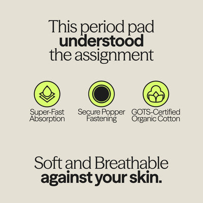 Reusable period pad infographic of the WUKA x Mooncup highlighting super-fast absorption, secure popper fastening, and GOTS-certified organic cotton
