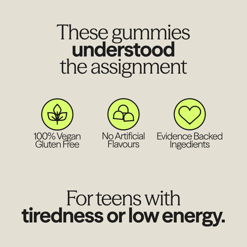 WUKA Teen Iron Gummies graphic showing features: vegan, gluten-free, no artificial flavours, and tailored for teens with low energy.