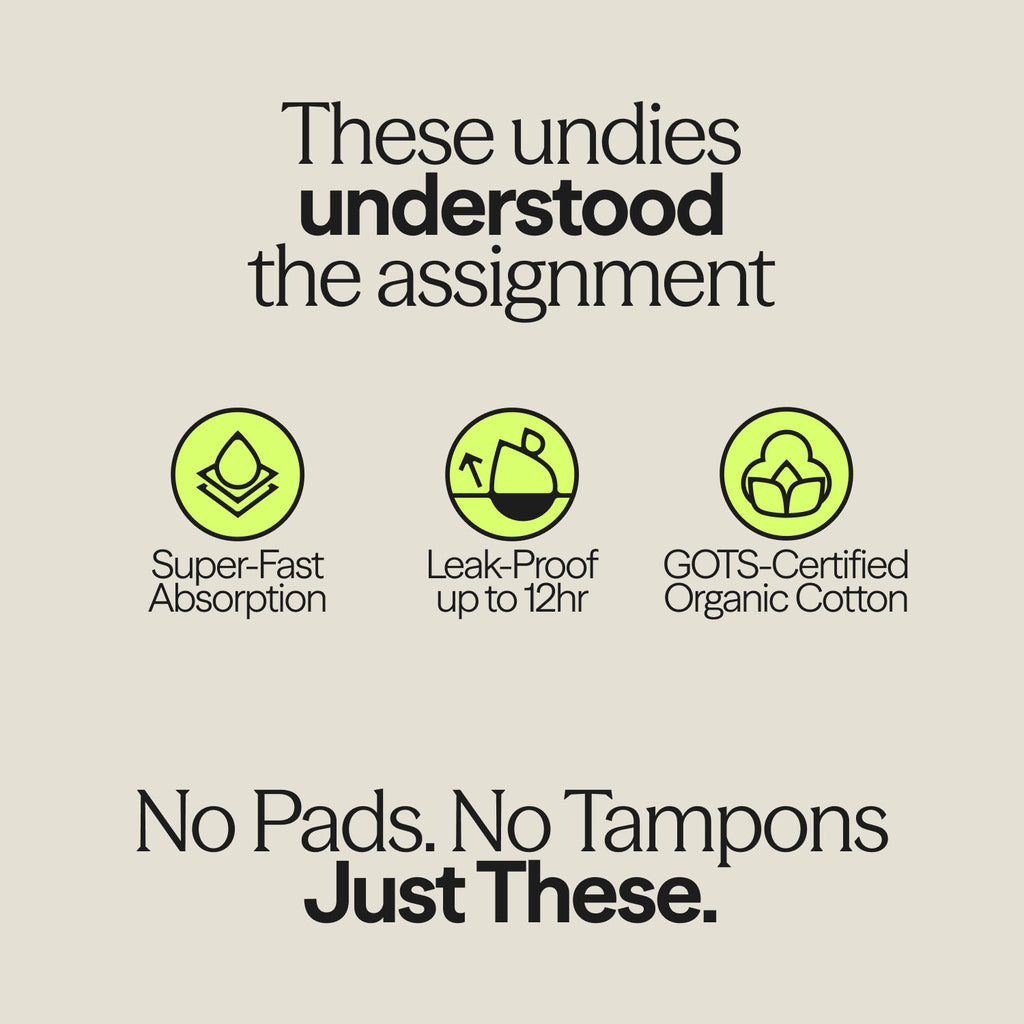 Graphic showcasing key features of WUKA Basics™ Leopard Print Bikini including 12-hour leak-proof protection, fast absorption, and organic cotton material