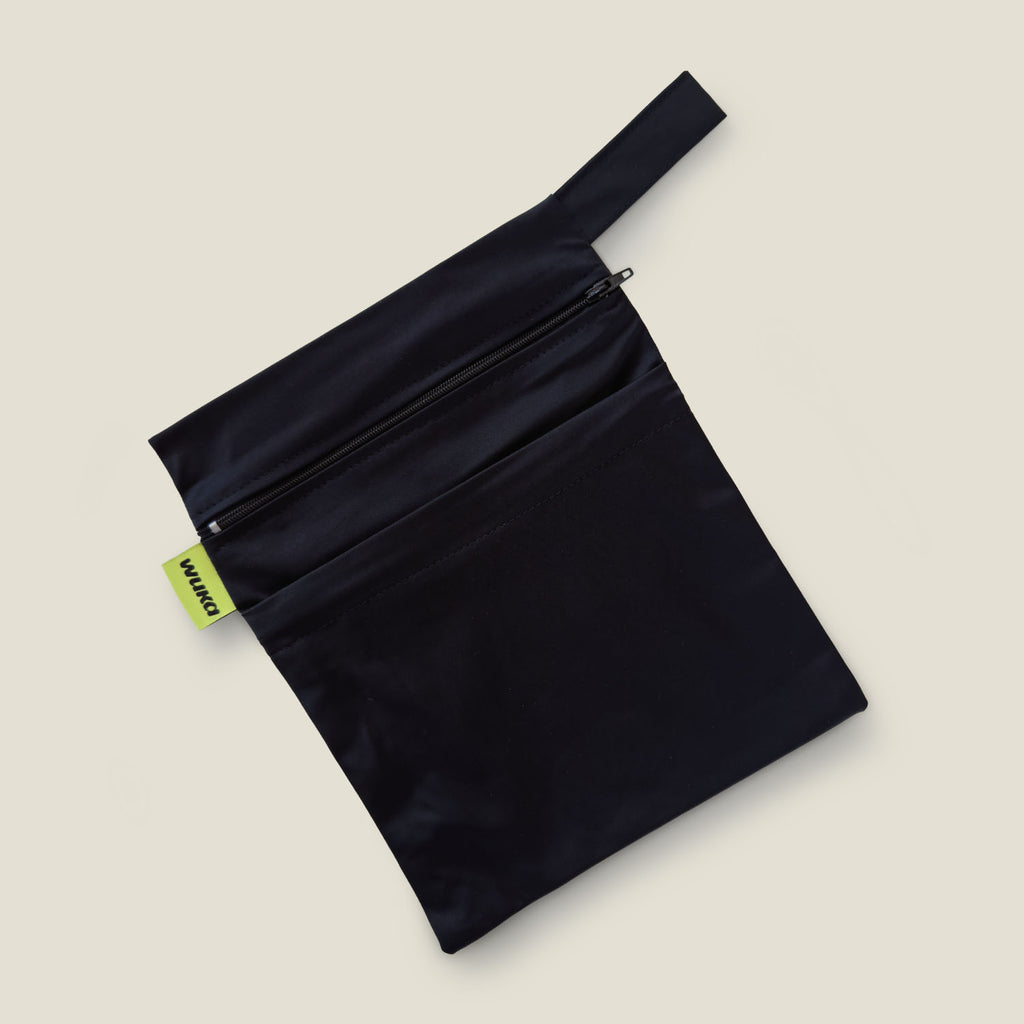 Black waterproof zip pouch for storing wet swimwear and period swim shorts