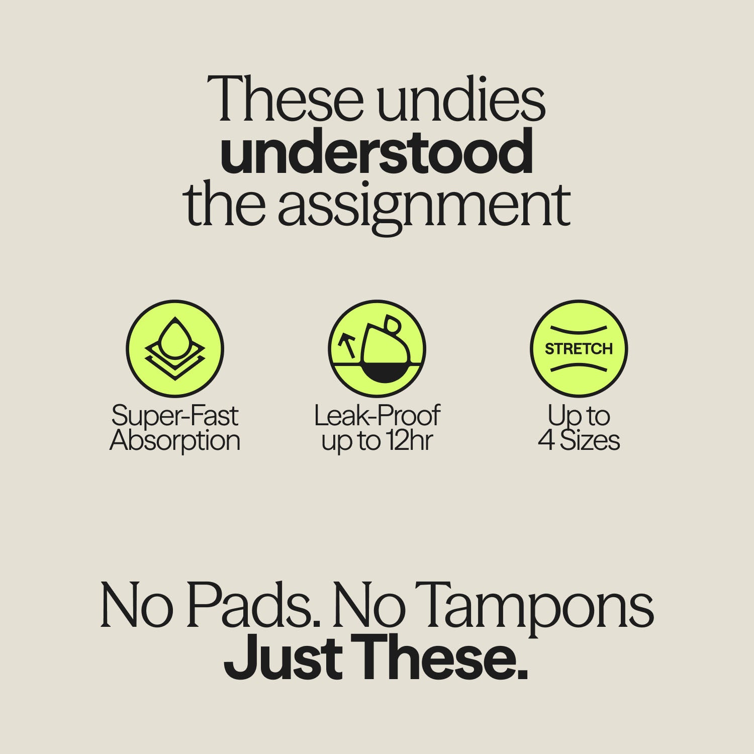 Infographic highlighting WUKA Stretch Thong features: super-fast absorption, leak-proof up to 12 hours, fits up to 4 sizes.