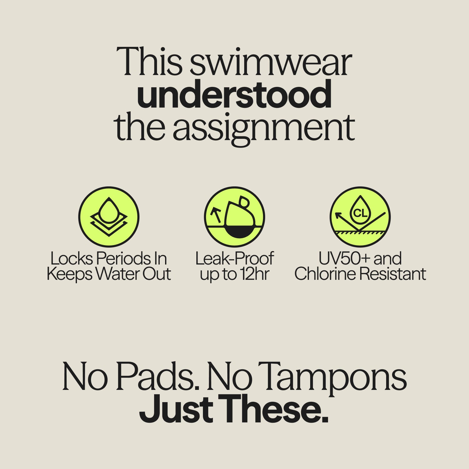 WUKA swimwear benefits infographic highlighting period protection, 12-hour leak-proof wear, UV50+, and chlorine resistance.