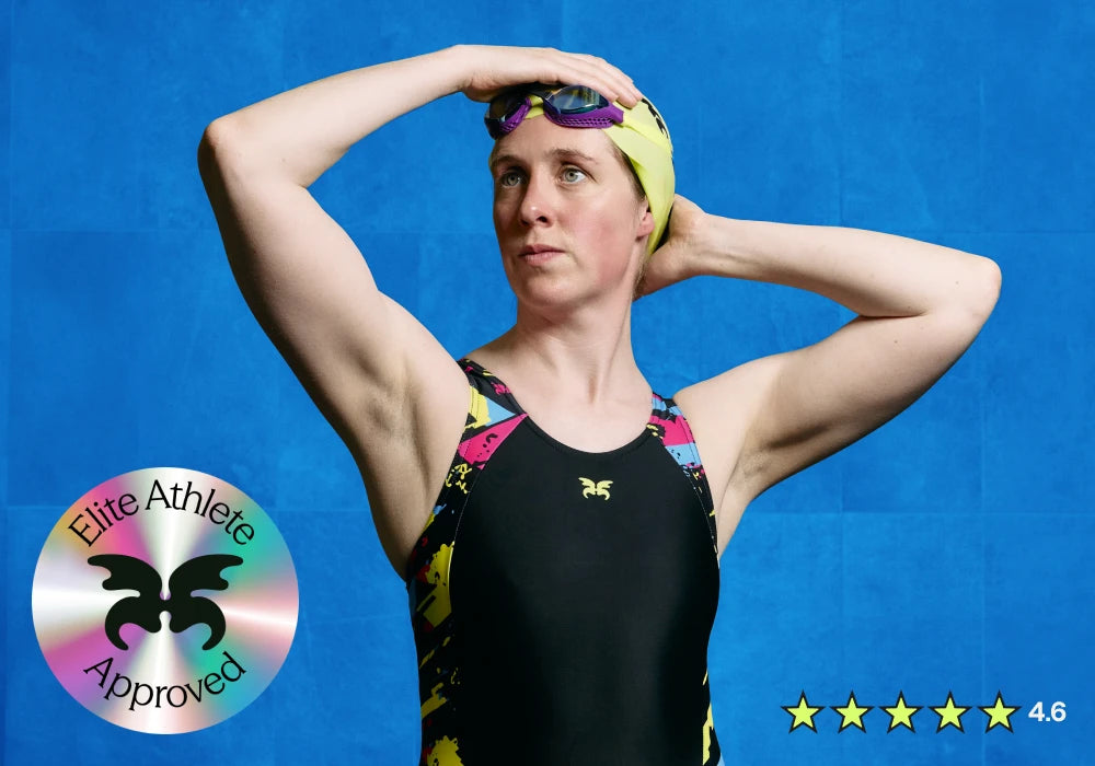 Person in swim gear with 'Elite Athlete Approved' badge on blue background