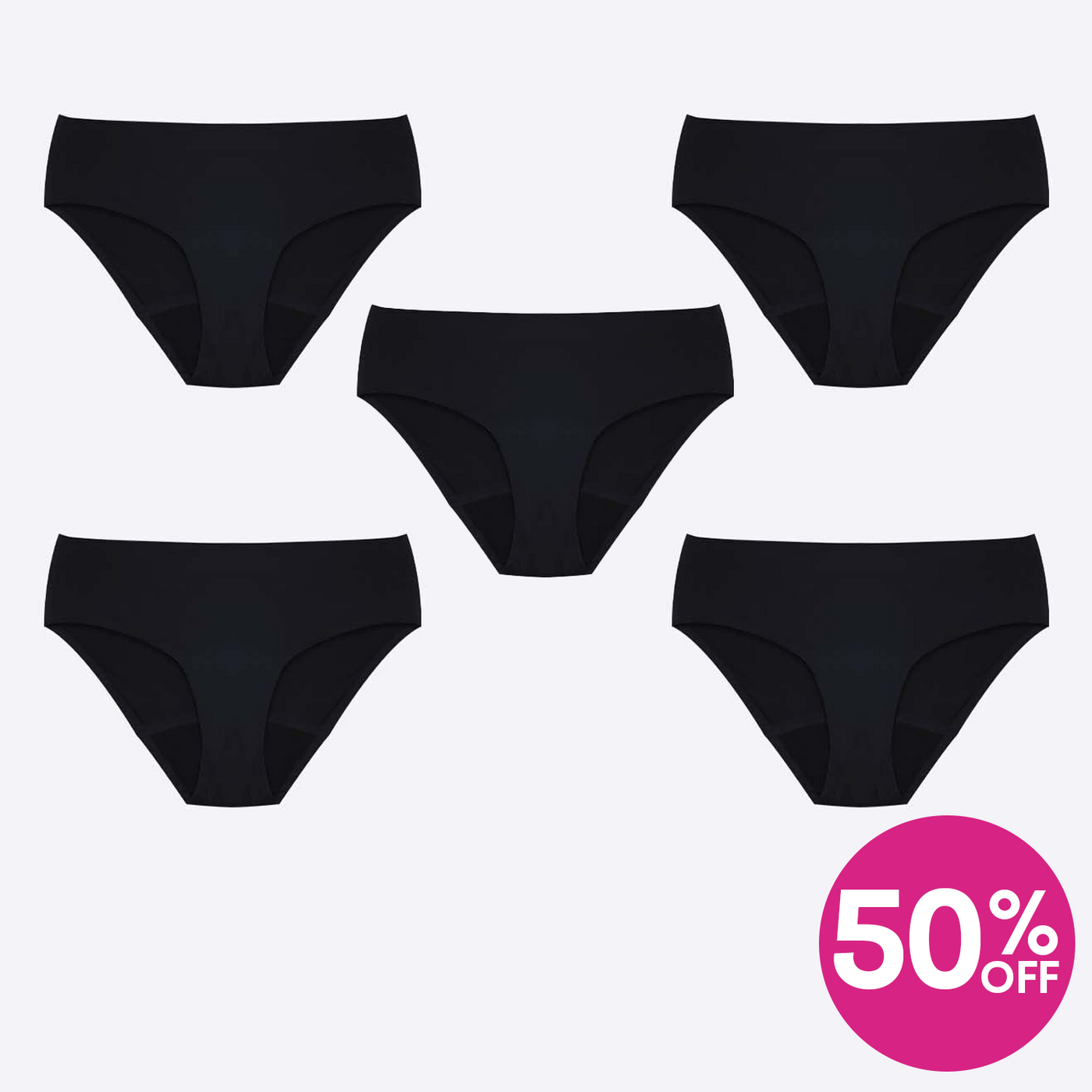 WUKA Perform Seamless Midi Brief Period Pants Style Medium Flow Black Colour 5 Pack