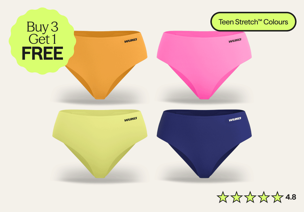 GIF highlight the Teen and Adult WUKA Stretch™ Period Pant colour options. Roundel highlighting that when you buy 3, you get 1 free