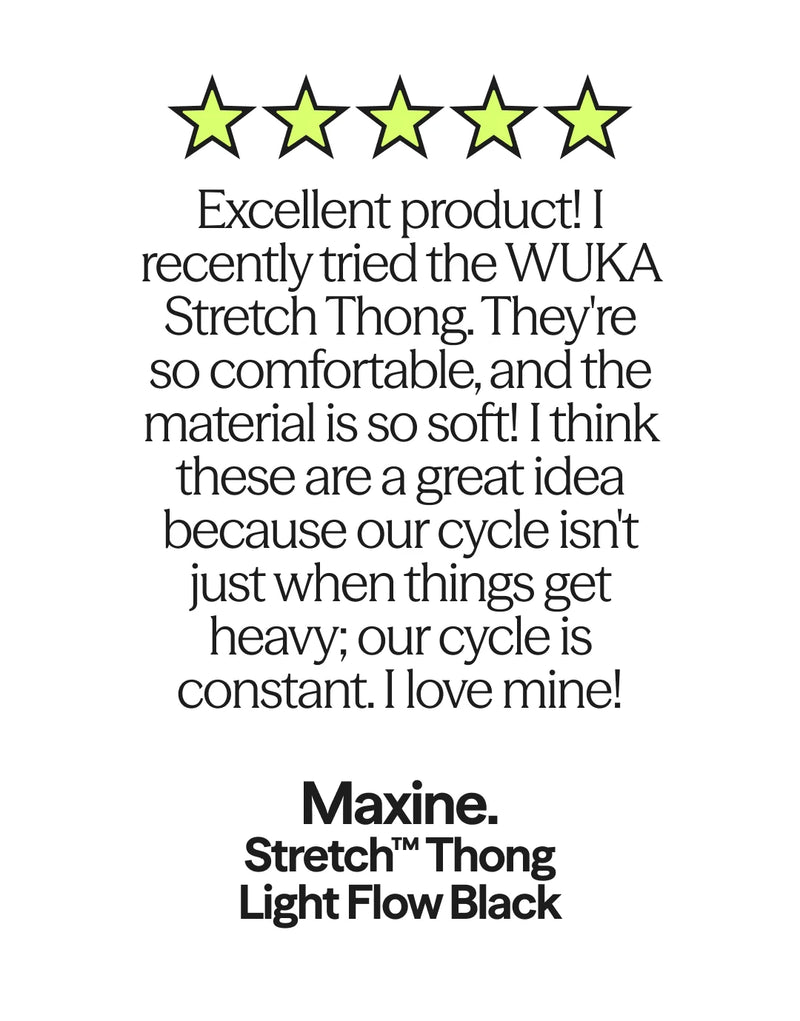 Five-star review of WUKA Stretch Thong with text and star icons on a white background