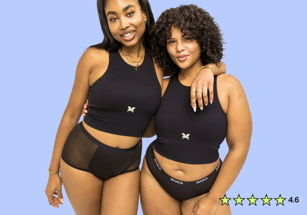 Two women wearing WUKA period pants and crop tops for the Sublime Day Ultimate collection, rated 4.6 stars