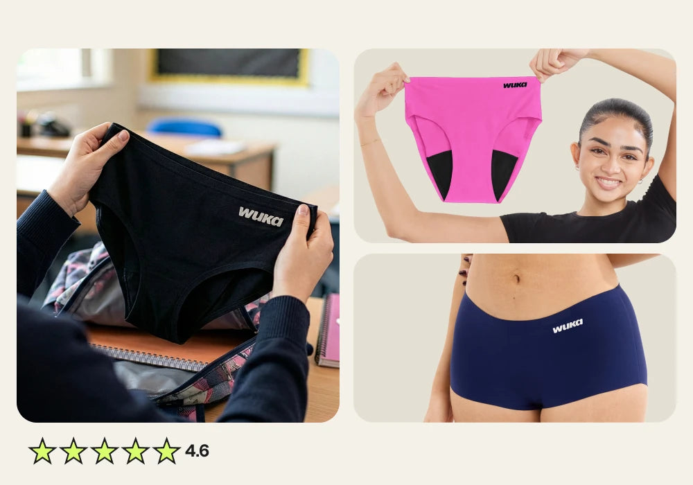 A collage showing three views of WUKA Teen Stretch™ Period Pants: one black pair held up by a teen at a desk, one bright pink pair held up by a teen model, and one close-up navy pair worn by a teen model. The collage has a cream background and a star rating graphic at the bottom left. Buy 3 for £36 for a limited time.