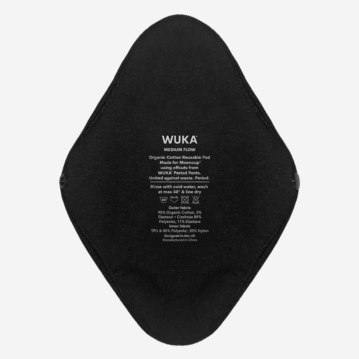 WUKA Reusable Period Pads 2 Pack Style Medium Flow Black Colour Single