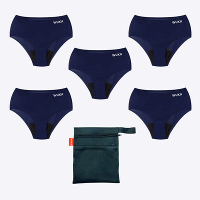 WUKA Teen Stretch Period Pants Bikini Brief Style Super Heavy Flow Navy 5 Pack