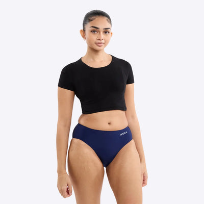 WUKA Teen Stretch Seamless Period Pants Style Super Heavy Flow Navy Colour Three Quarter Front